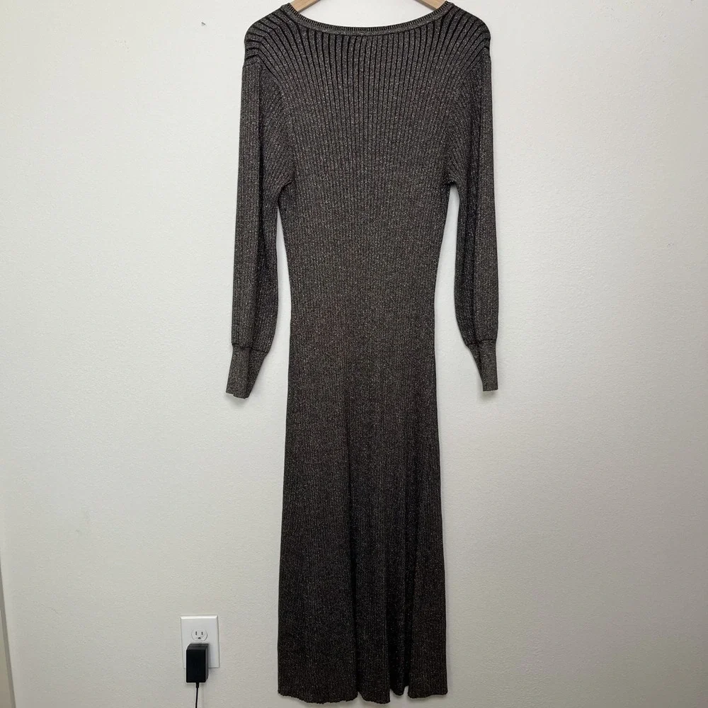 LOFT Women Sparkle Jersey Knit Maxi Dress XL Brown Rib Knit Holiday Party Stretc - Picture 11 of 12